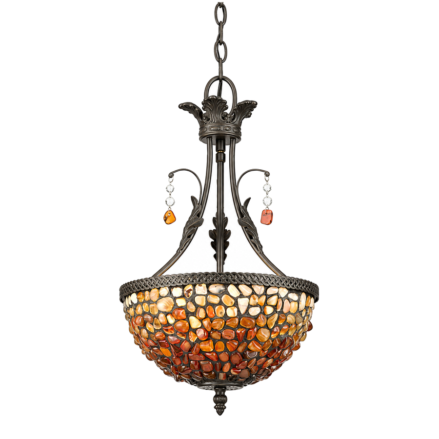 Quoizel TFPO5002VB bowl pendant with warm mosaic glass, a Vintage Bronze crown and decorative hanging accents