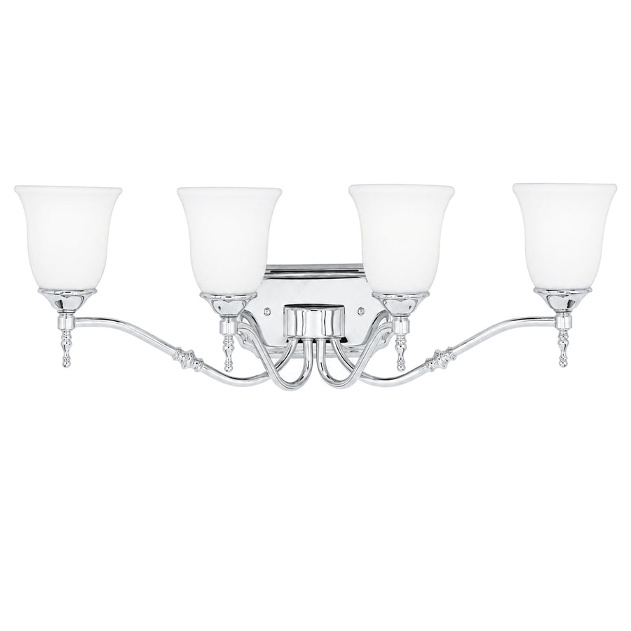 Quoizel Tritan TT8604C vanity light with four opal-glass shades, curved Chrome arms and turned finials