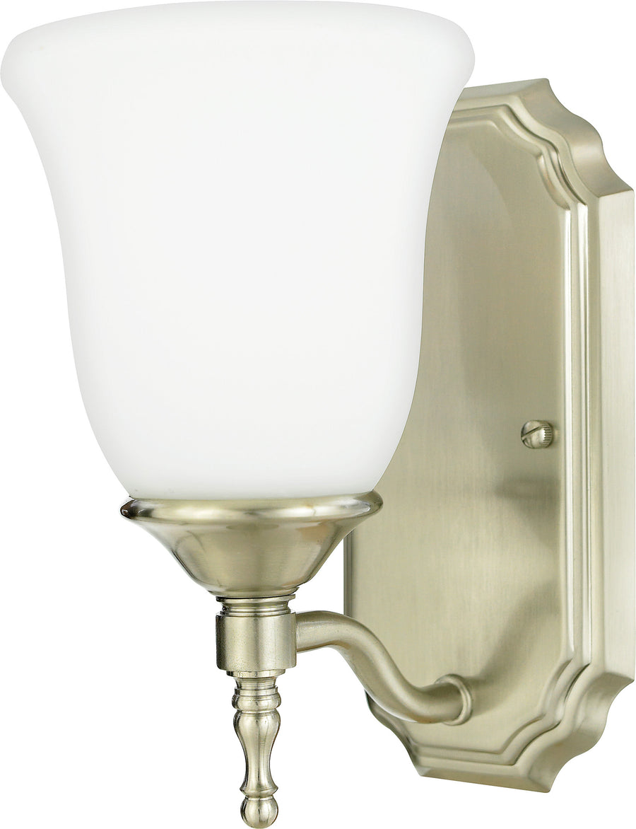 Quoizel TT8741BN wall sconce with a flared white shade, shaped layered backplate and turned drop finial