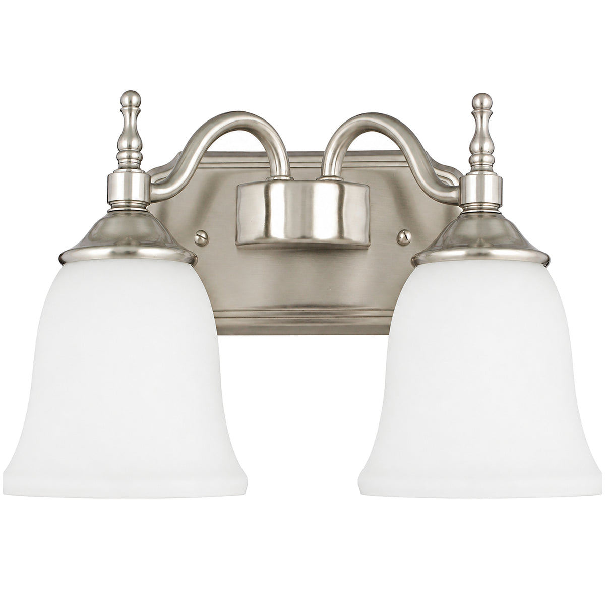 Quoizel Tritan brushed nickel vanity with two downward white bell shades and curved arms.