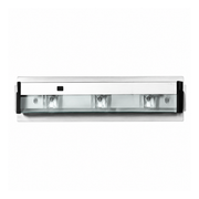 Quoizel UC1124SS under-cabinet light with metallic front panel, dark switch and covered reflector chamber.