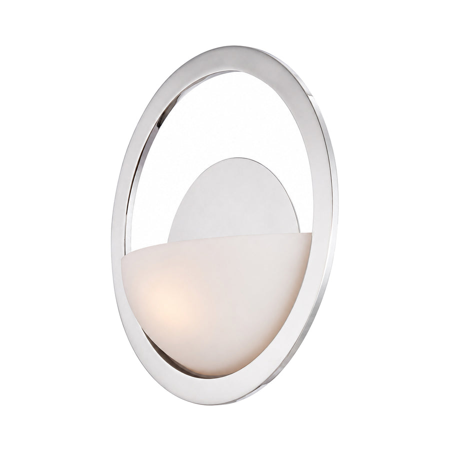 Quoizel Columbus Circle wall sconce with an Imperial Silver ring and curved white glass shade