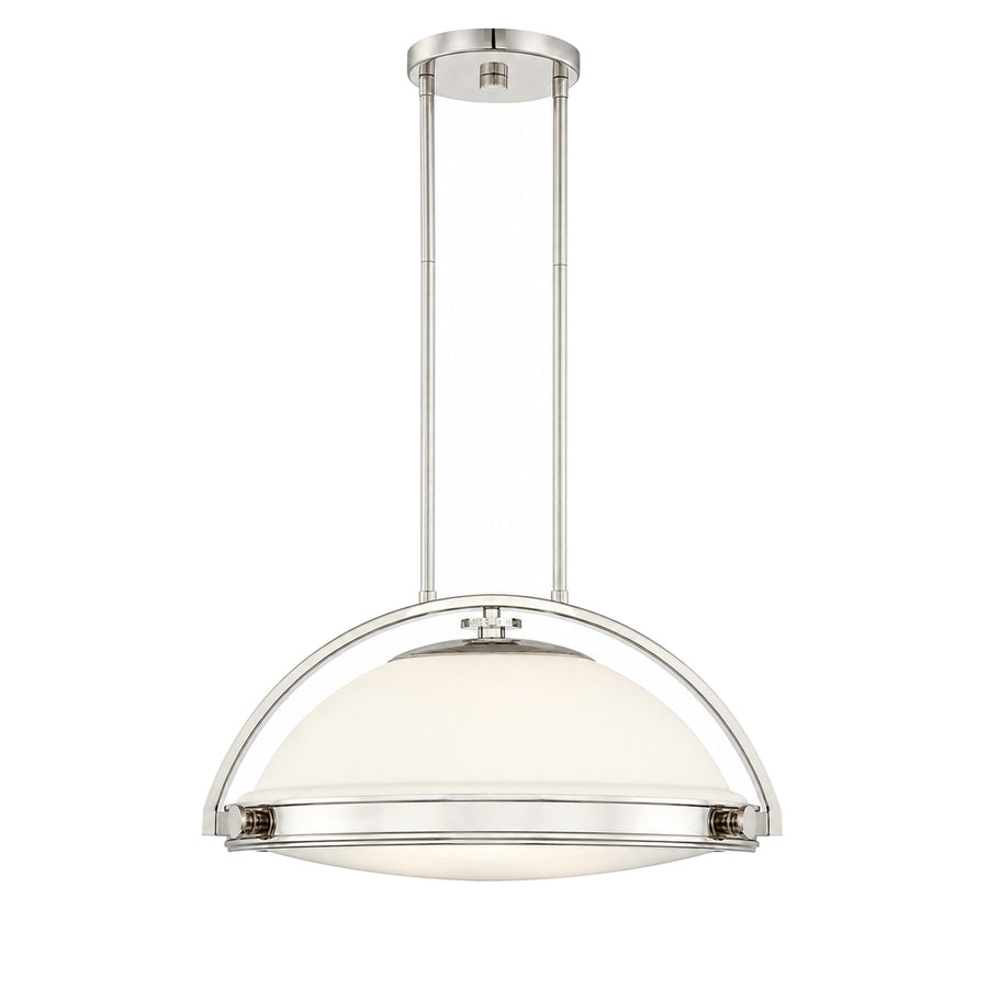 Quoizel Uptown Fulton UPFT1820IS pendant with twin rods and a broad opal glass dome