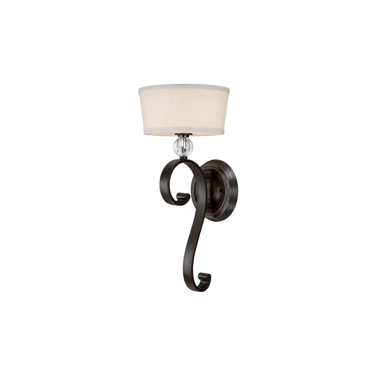 Quoizel Uptown Madison Manor UPMM8701WT sconce with a beige shade, dark scrolling arm and faceted clear accent