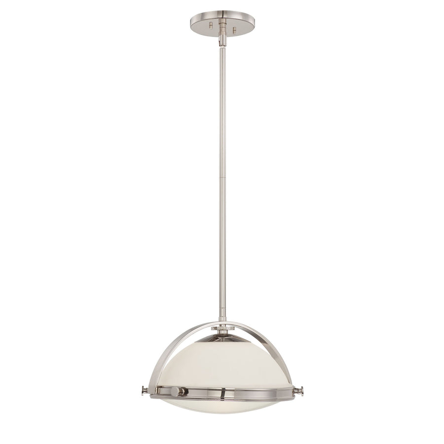Quoizel Fulton UPFT1814IS pendant with a silver arched frame and opal dome shade