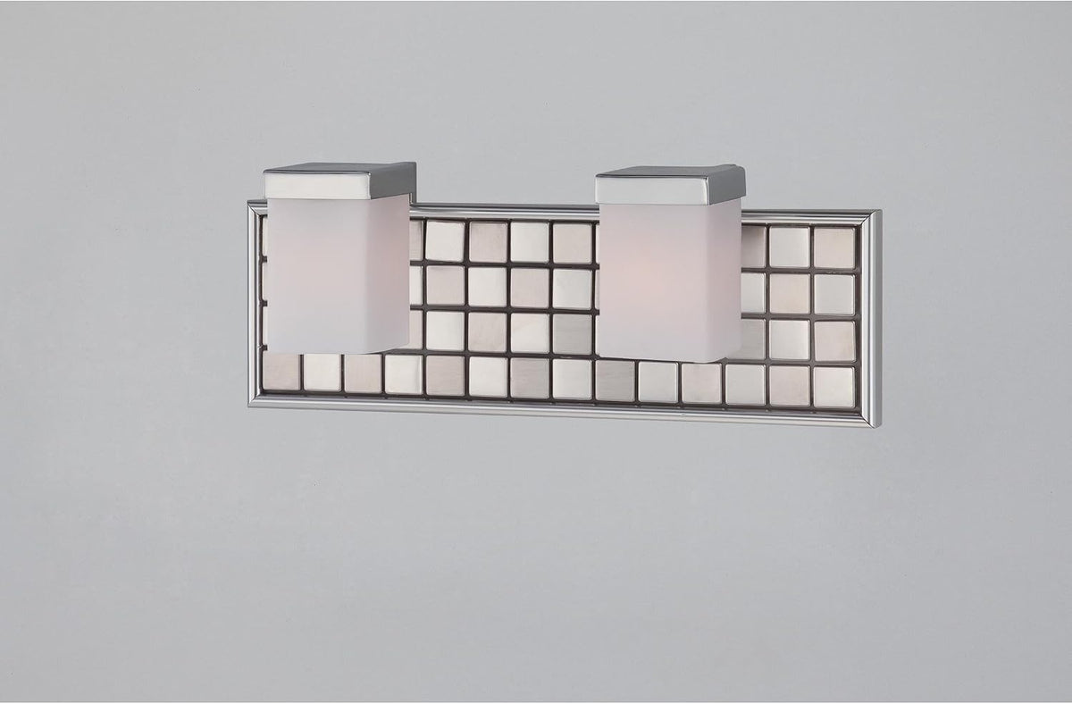 Angled view of Quoizel Vetreo Metallica chrome vanity with two frosted rectangular shades and a square-tile backplate.