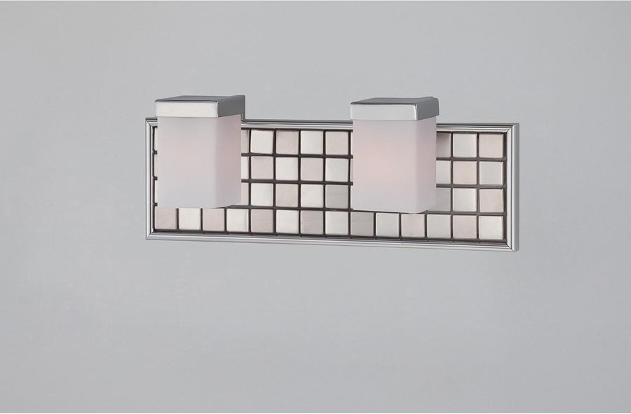 Angled view of Quoizel Vetreo Metallica chrome vanity with two frosted rectangular shades and a square-tile backplate.