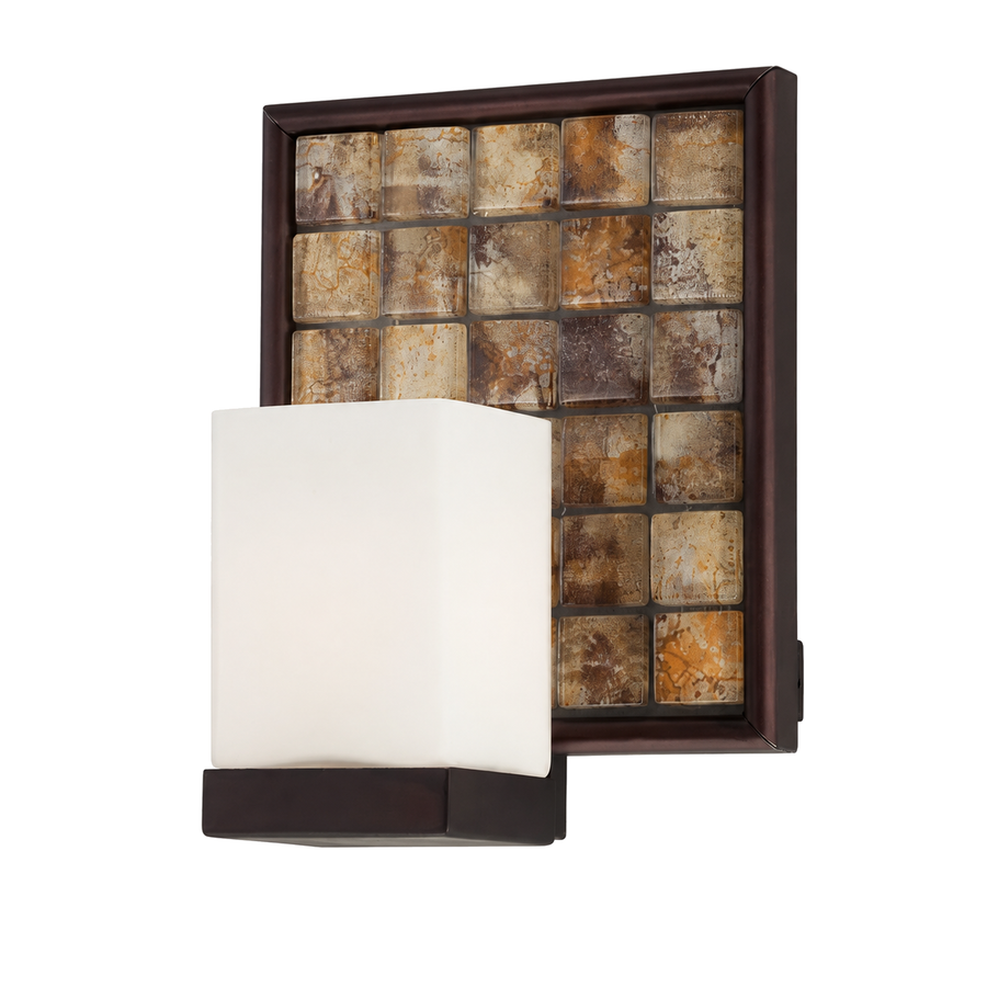 Quoizel Vetreo Brush Strokes VTBK8501Z sconce with a pale shade and a warm mottled square-patterned backplate