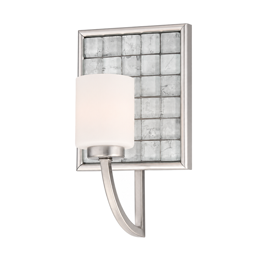Quoizel Vetreo Clouds VTCL8601BN sconce with a pale cylindrical shade and cloudy square-patterned backplate