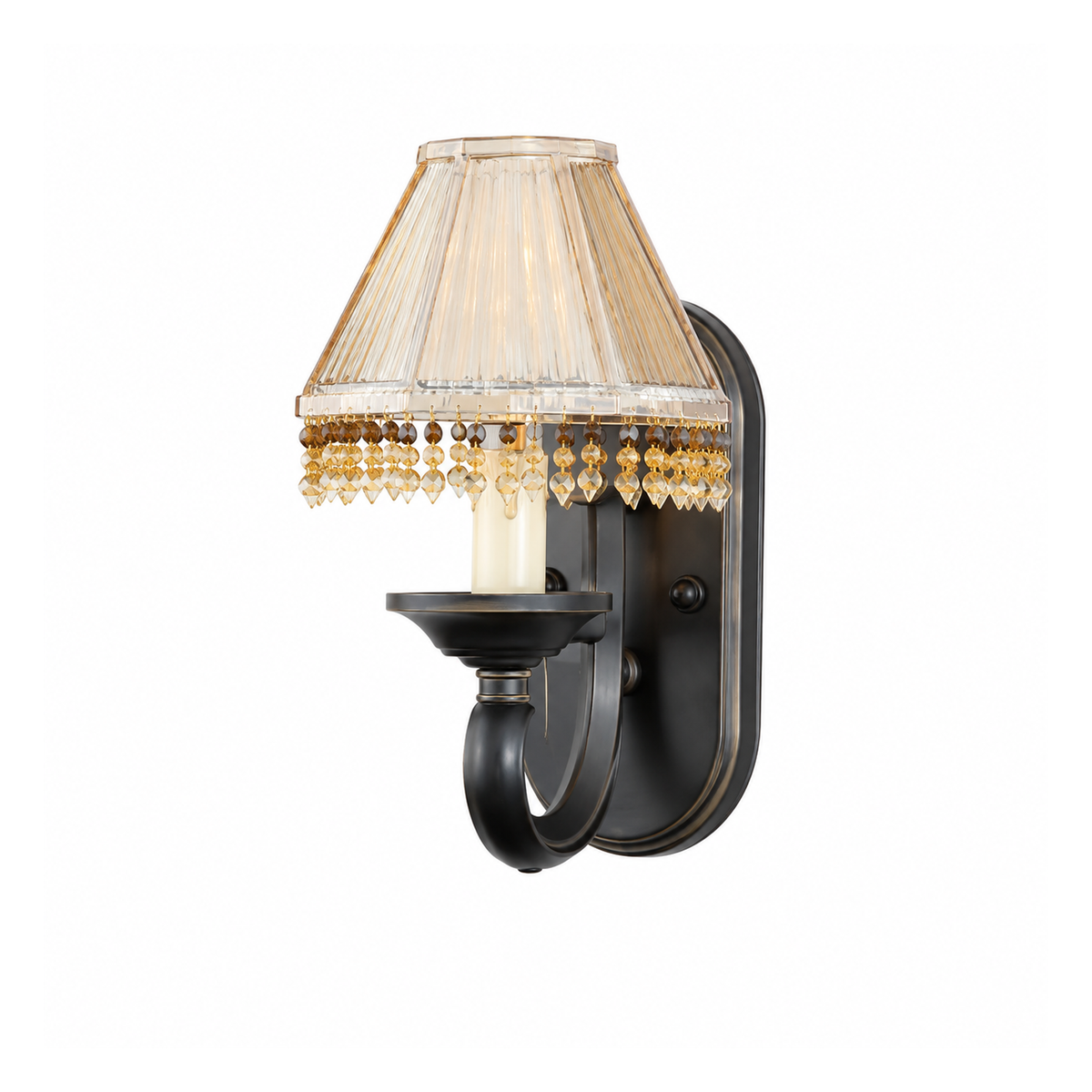 Wall sconce with a curved dark arm, tapered shade and amber-clear beaded fringe.