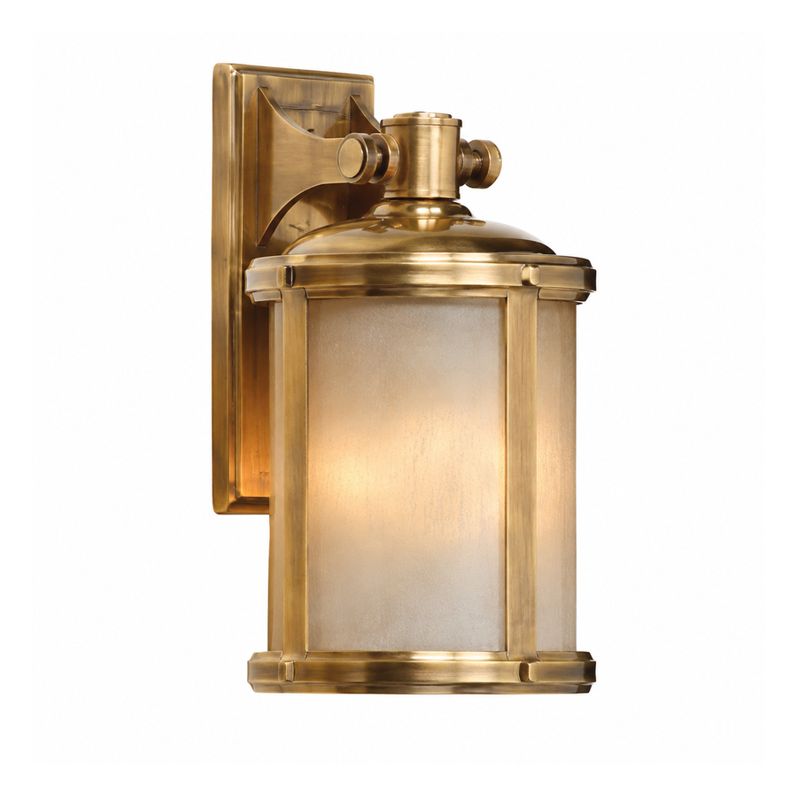 Rounded outdoor wall lantern with warm metallic framing, pale glazed panels and a rectangular wall plate.