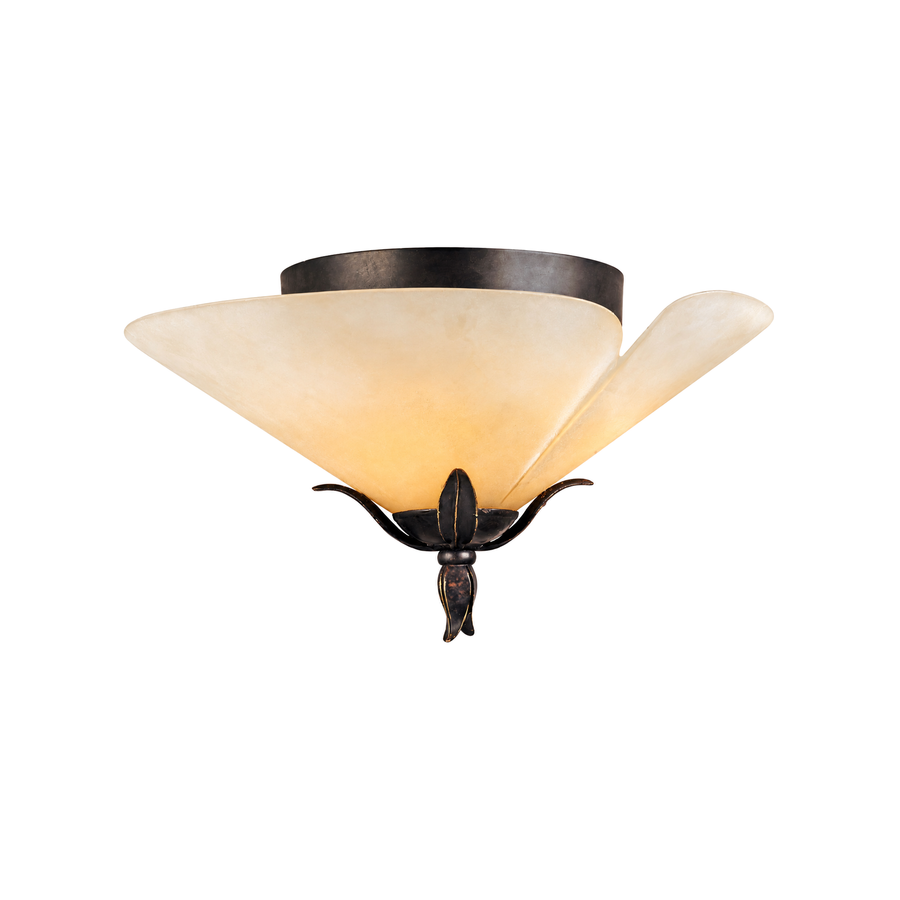 Quoizel Yuma ceiling light with an amber petal-shaped bowl and dark bronze leaf cradle.