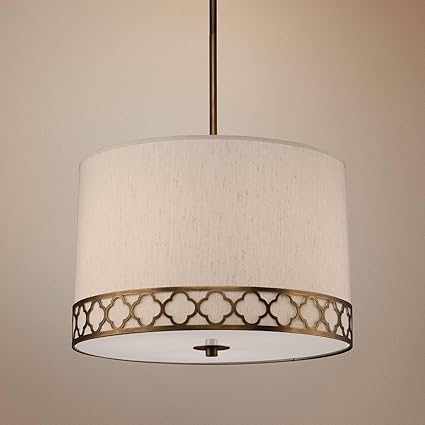 Robert Abbey Addison 1574 drum pendant in Weathered Brass with taupe Dupioni fabric shade