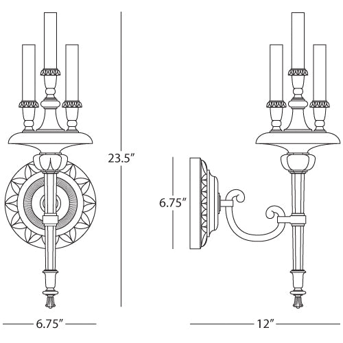 Horatio wall-sconce front and side dimension drawing.