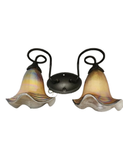 Quoizel Todd Phillips wall sconce with two iridescent flower-like shades and curling arms