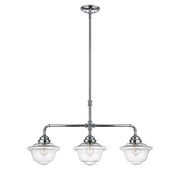 Savoy House Fairfield 1-392-3-11 linear chandelier with a chrome bar, curved pipe-like arms and three clear schoolhouse shades