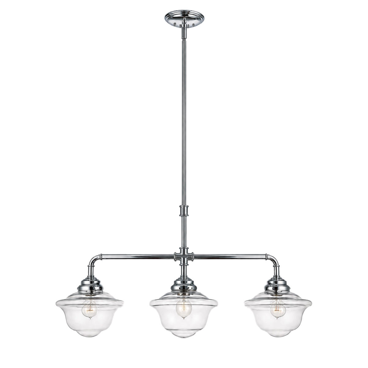 Savoy House Fairfield 1-392-3-11 linear chandelier with a chrome bar, curved pipe-like arms and three clear schoolhouse shades