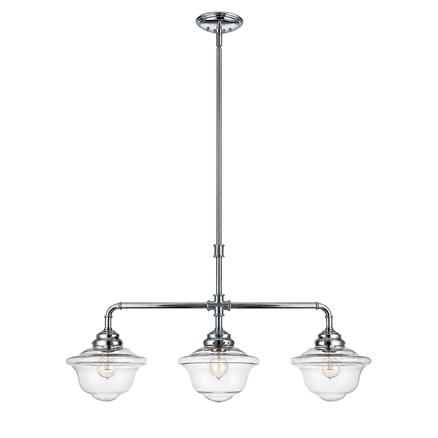 Savoy House Fairfield 1-392-3-11 linear chandelier with a chrome bar, curved pipe-like arms and three clear schoolhouse shades