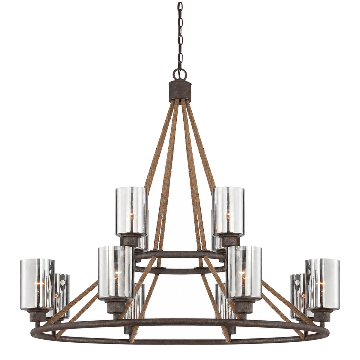 Savoy House Maverick two-tier chandelier with rope supports and reflective cylindrical shades