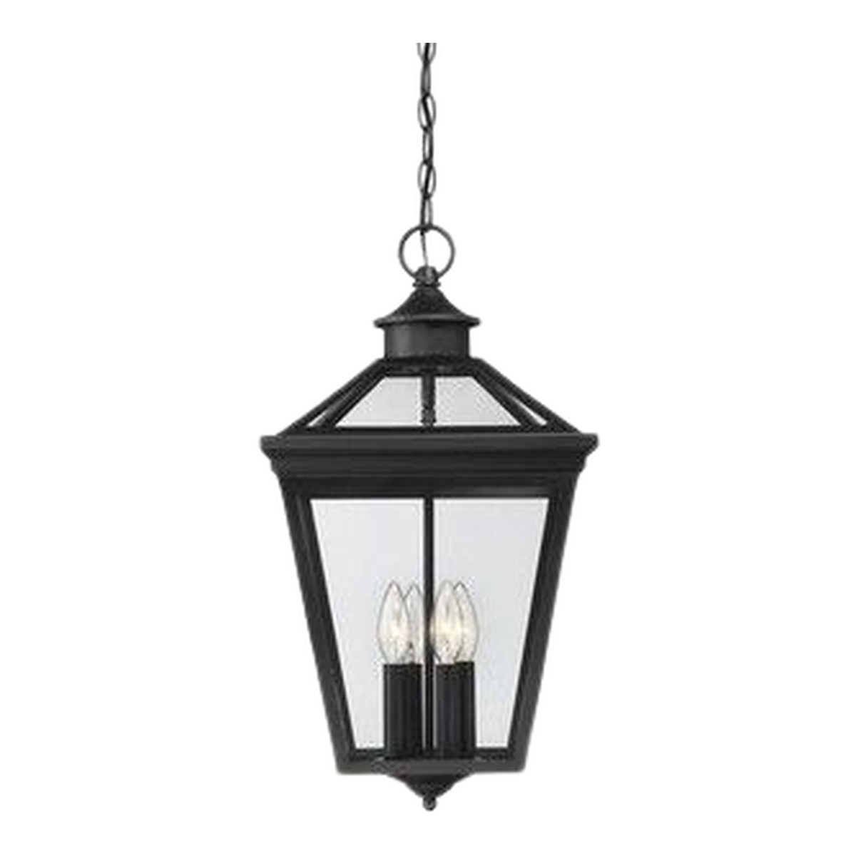 Savoy House Ellijay outdoor hanging lantern showing clear glazing, candle forms and a pointed lower finial