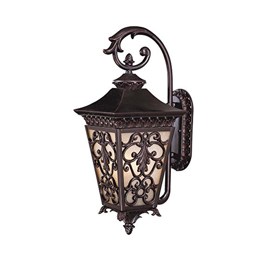 Savoy House Renaissance Guild wall lantern showing leaf-and-scroll panel overlays, a flared roof and lower finial.