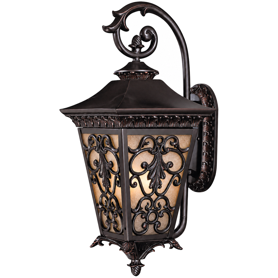 Savoy House Bientina wall lantern with ornate leaf-pattern framing, amber panels and a pointed finial