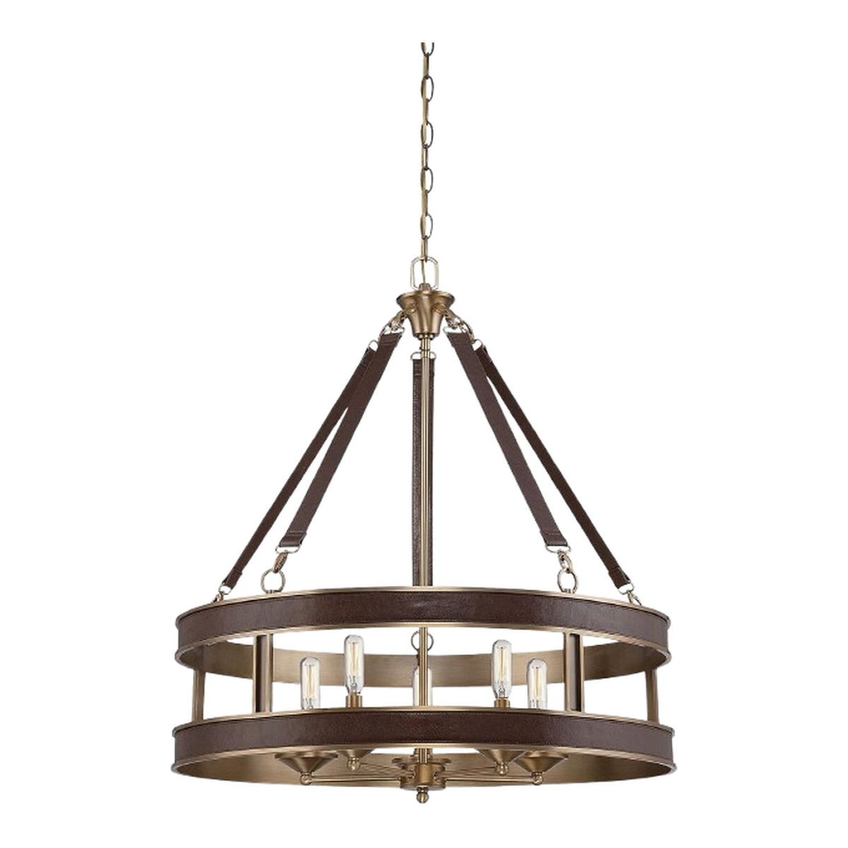 Savoy House Harrington 7-611-5-50 five-light pendant with harness leather and Rubbed Brass finish