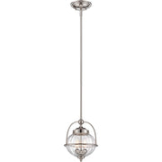 Savoy House Banbury 7-460-2-109 pendant with a clear ribbed globe, arched nickel supports and long stem