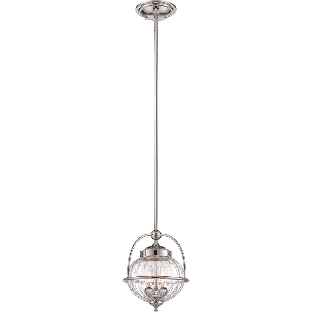 Savoy House Banbury 7-460-2-109 pendant with a clear ribbed globe, arched nickel supports and long stem