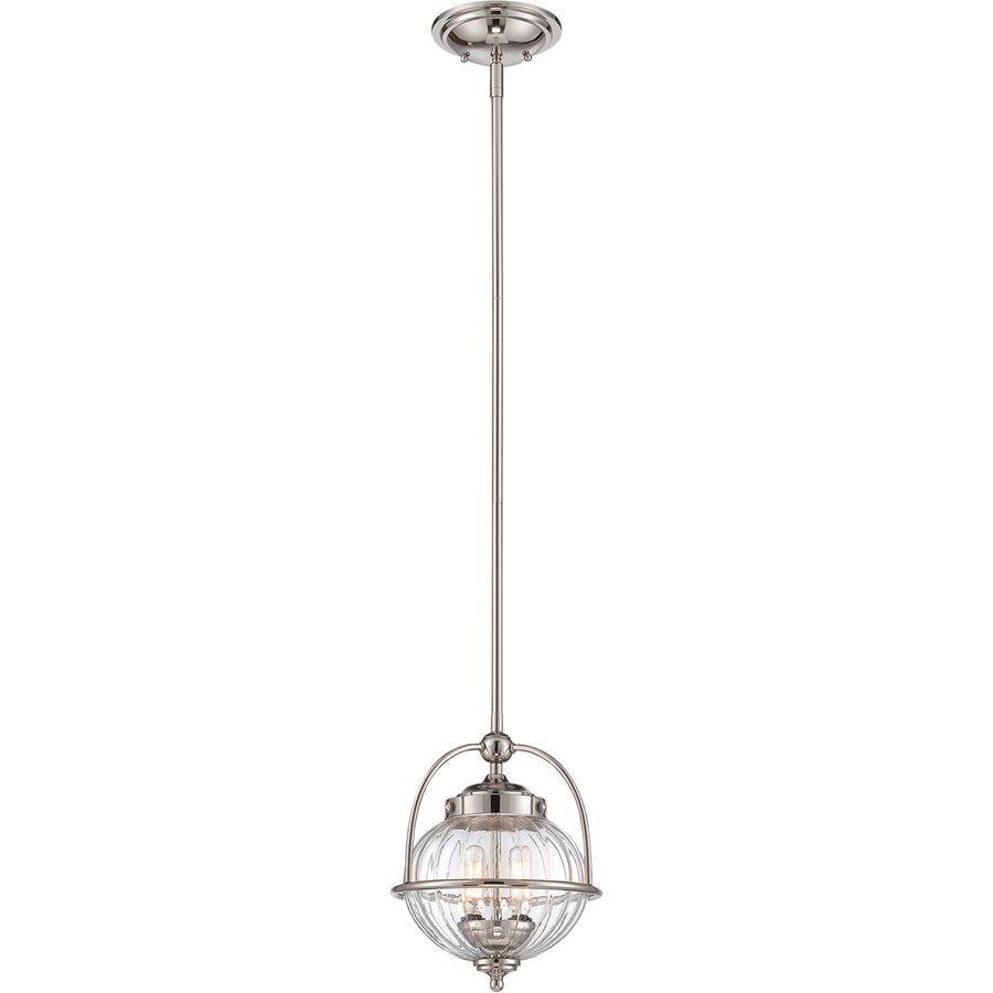 Savoy House Banbury 7-460-2-109 pendant with a clear ribbed globe, arched nickel supports and long stem