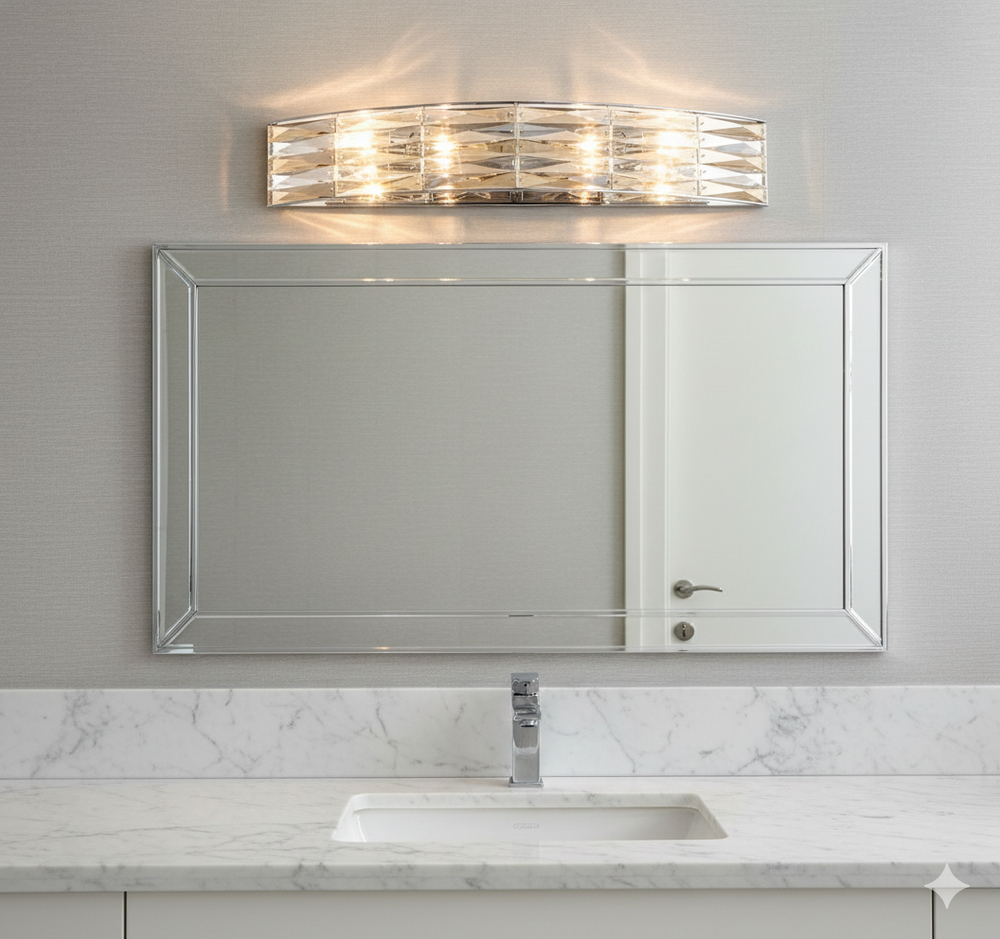 Lancaster polished chrome vanity light with a bowed faceted bar above a bathroom mirror.