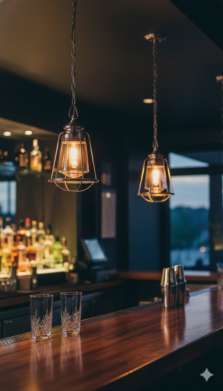 Savoy House caged mini pendants illuminated above a bar counter.