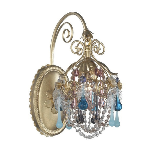 Schonbek The Rose wall sconce with floral gold detailing and blue, mauve and clear crystal accents