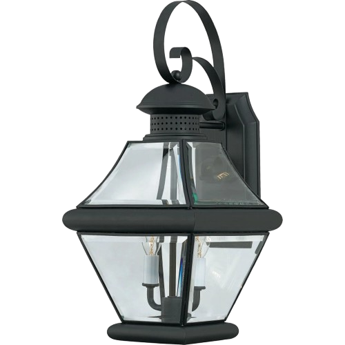 Quoizel Rutledge RJ8409K black outdoor lantern with a scrolled bracket, tapered clear glass and two candle lights