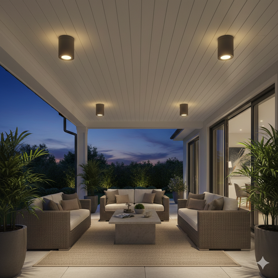 Silo cylindrical ceiling lights beneath a covered patio ceiling.