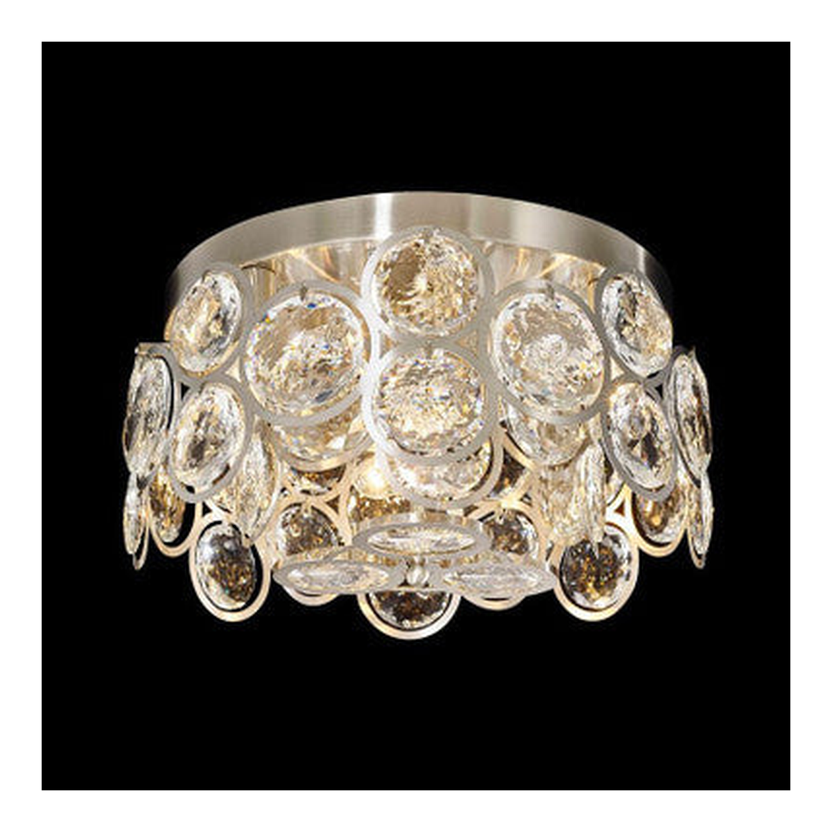 Closer view of Verona 2816SN ringed crystal discs beneath a satin nickel ceiling plate