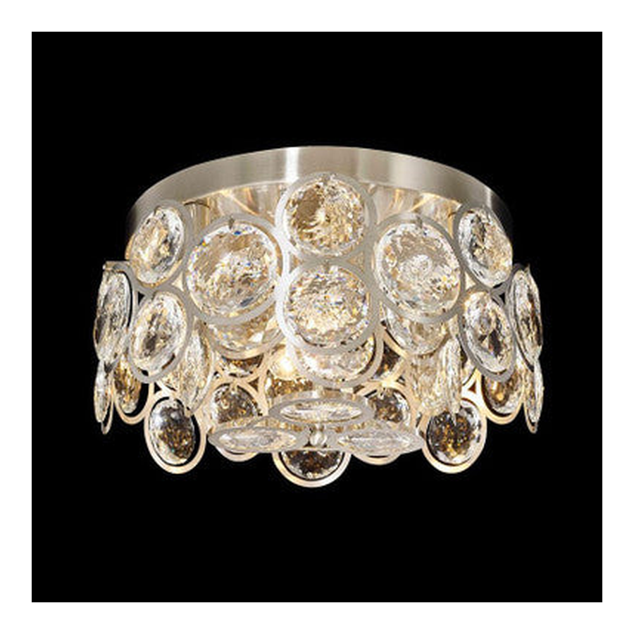 Closer view of Verona 2816SN ringed crystal discs beneath a satin nickel ceiling plate