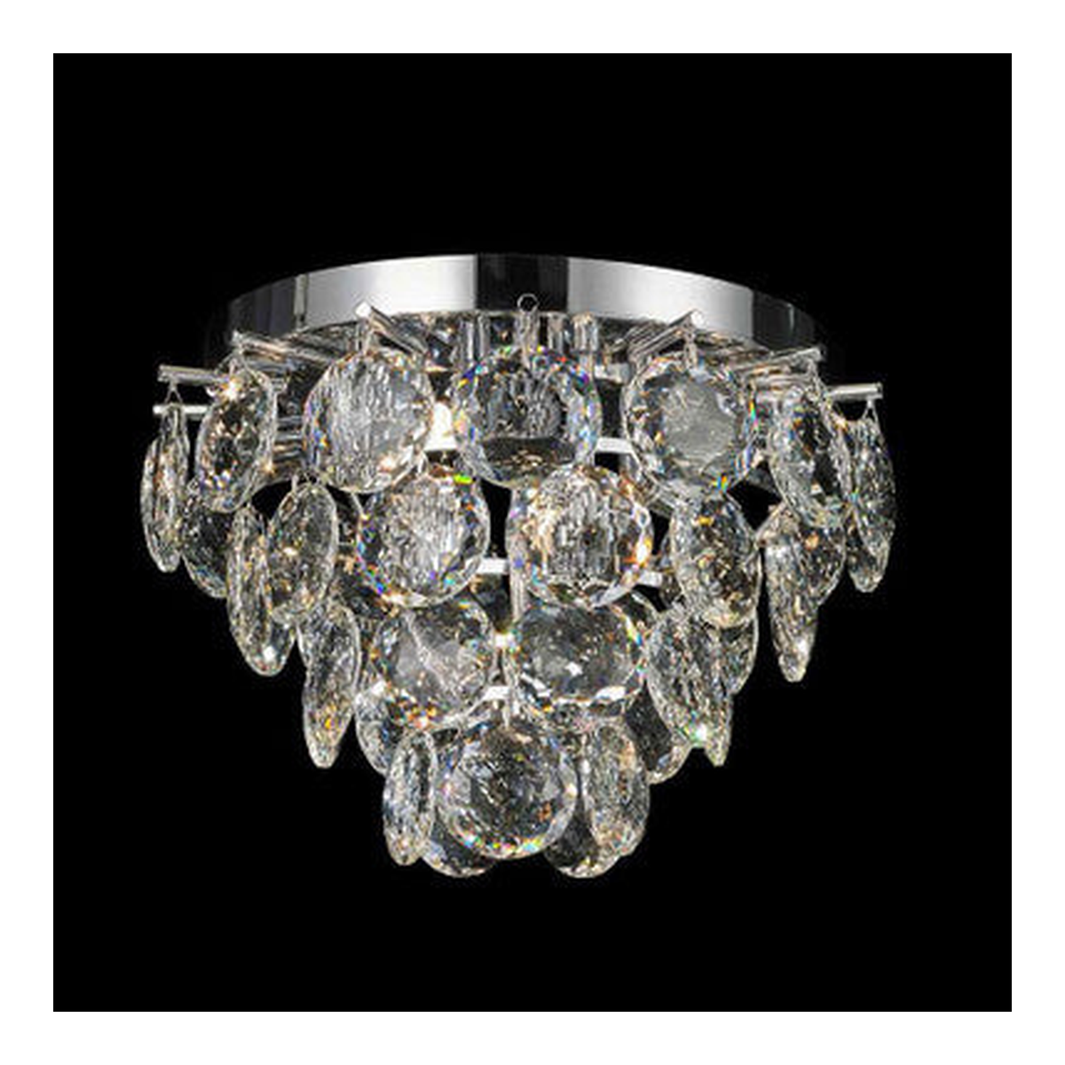 Closer view of Palermo 5616CH tapering crystal cascade and polished chrome ceiling plate