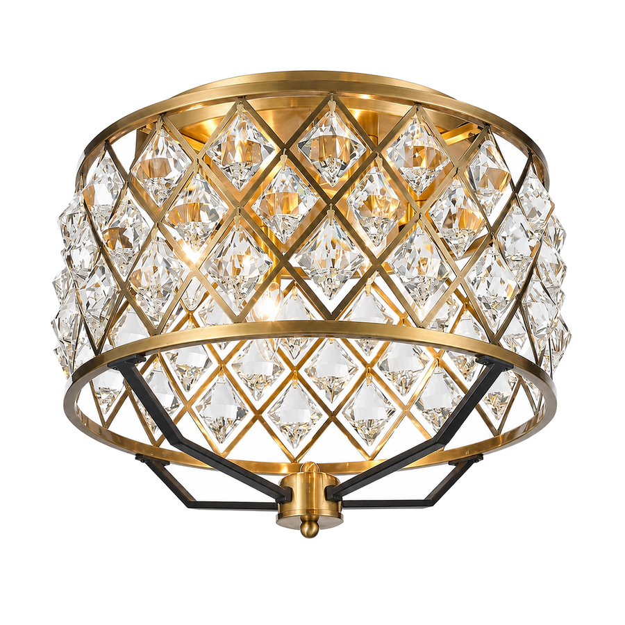 Starfire 6716BB flush mount with Antique Brass diamond lattice, clear faceted drops and Black accents