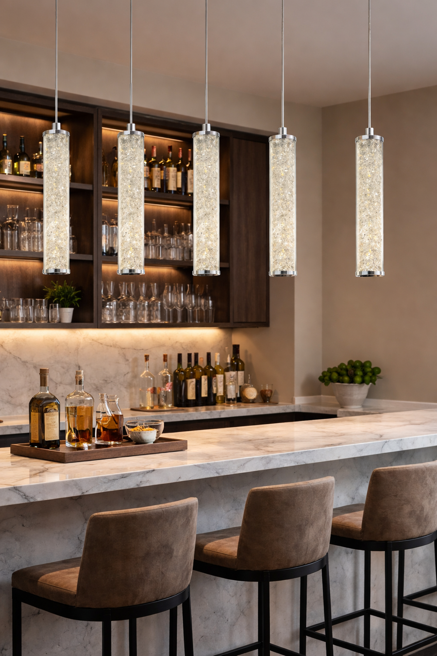 Jazz crystal pendant lit with warm white LED light above a bar counter