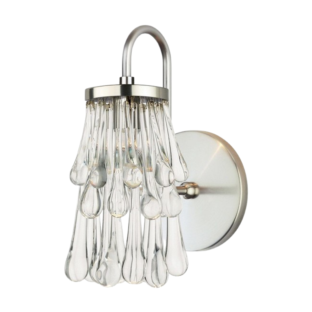 Closer view of Stone Lighting Droplets WS102CRPNM3 showing cascading clear drops and a curved nickel support