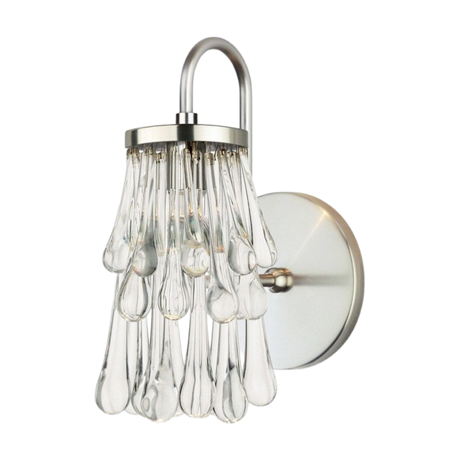 Closer view of Stone Lighting Droplets WS102CRPNM3 showing cascading clear drops and a curved nickel support