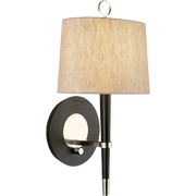 Jonathan Adler Ventana wall sconce with a pale shade, tapered dark stem and polished nickel accents
