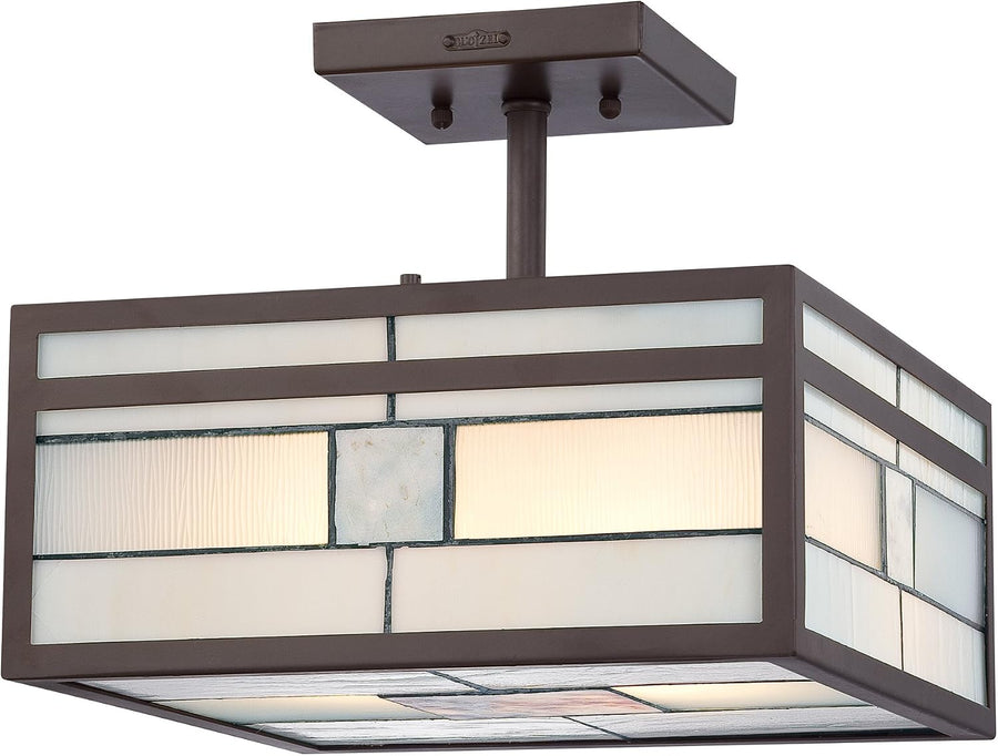Quoizel Finley TFFN1712WT semi-flush ceiling light with pale geometric glass panels and a Western Bronze square frame