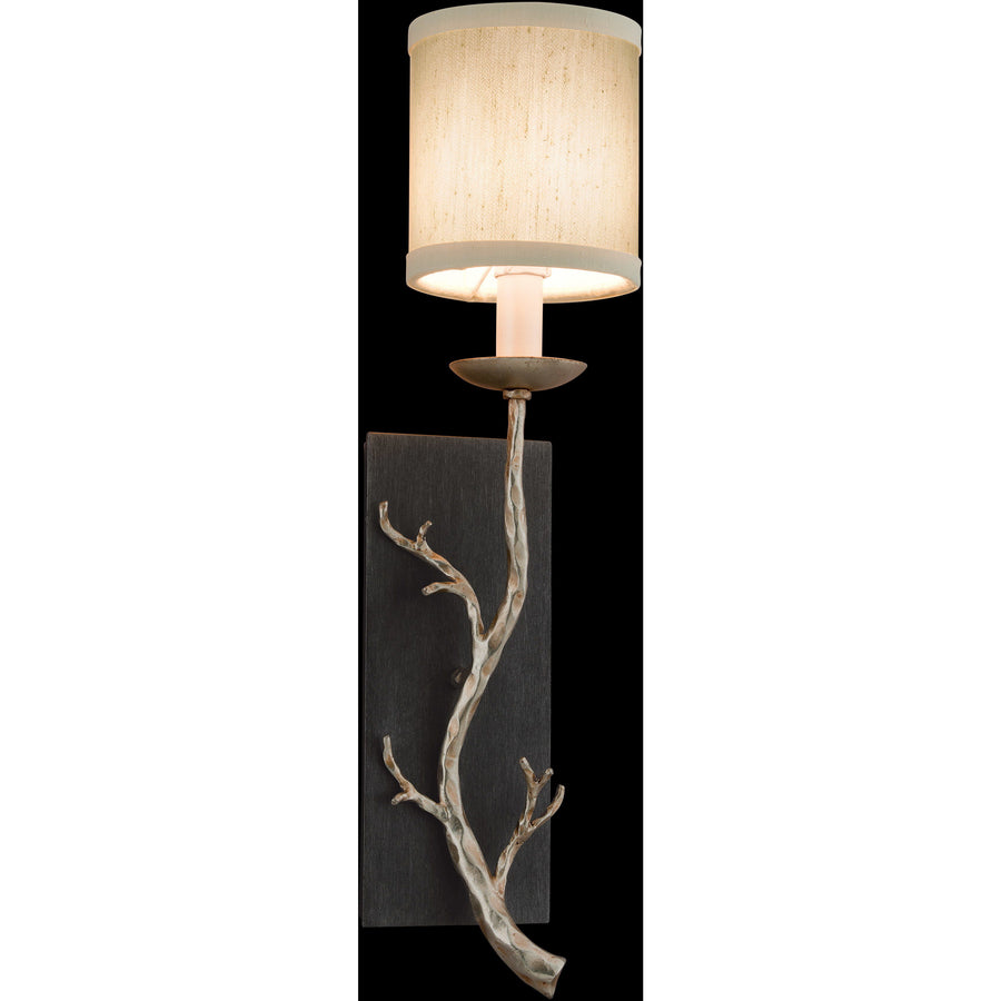 Troy Lighting Adirondack wall sconce with a silver-tone branch, graphite backplate and warm white cylindrical shade.