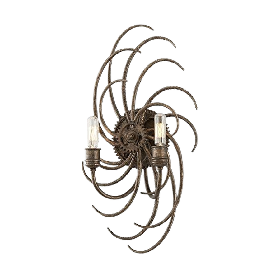 Troy Lighting Revolution sconce showing the textured radial design and two candle-style lights
