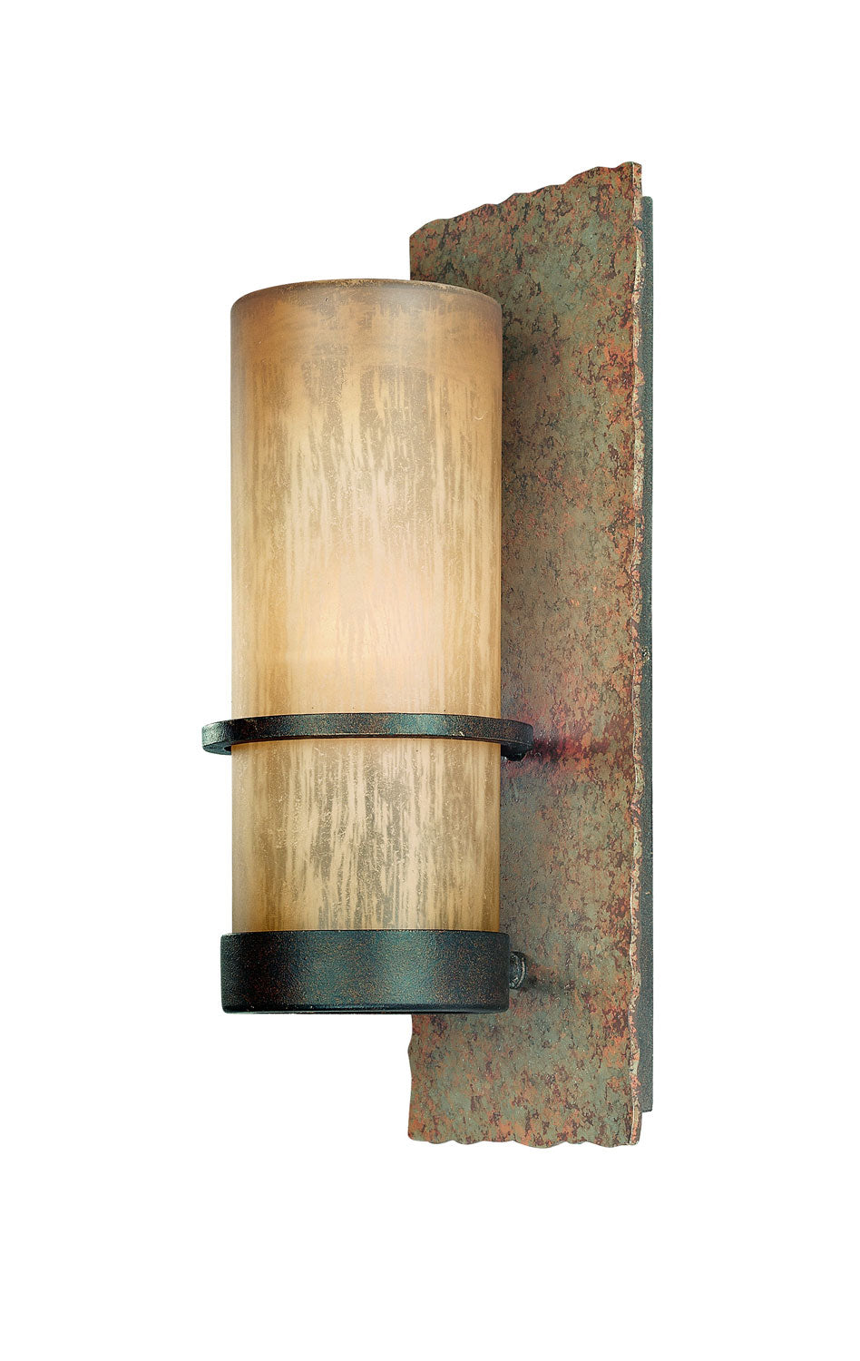 Troy Lighting Bamboo B1851BB wall sconce with a textured cylindrical shade and patinated backplate