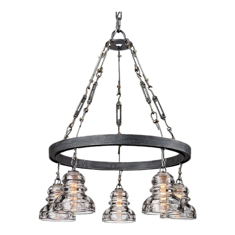 Troy Menlo Park chandelier showing clear insulator-style shades and textured ring hardware