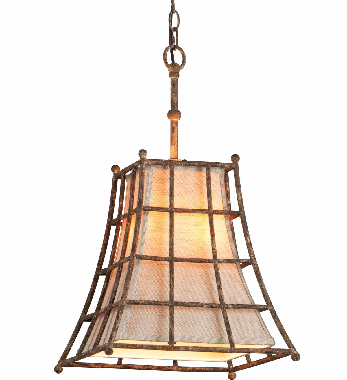 Troy Left Bank pendant detail with a cream bell shade inside a weathered lattice frame