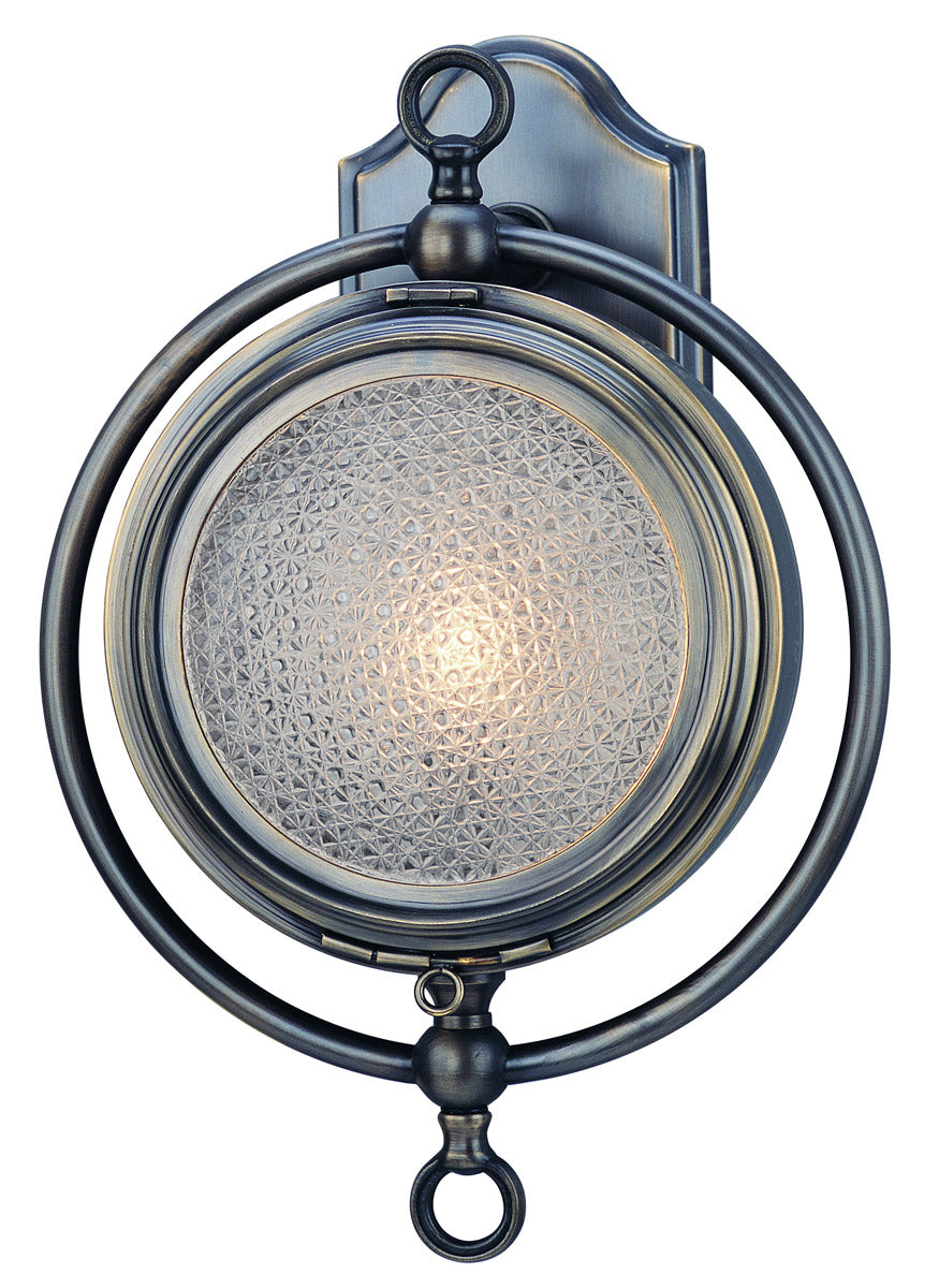 Troy Lighting Nautilus B2261EB outdoor wall light with an English Bronze porthole frame and prismatic glass